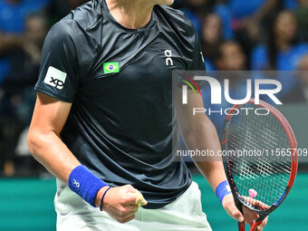 Joao Fonseca (BRA) competes during the 2024 Davis Cup Finals Group Stage match between Italy and Brazil at Unipol Arena in Bologna, Italy, o...