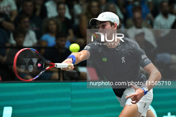 Joao Fonseca (BRA) competes during the 2024 Davis Cup Finals Group Stage match between Italy and Brazil at Unipol Arena in Bologna, Italy, o...