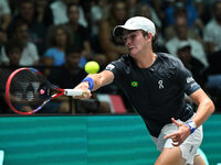 Joao Fonseca (BRA) competes during the 2024 Davis Cup Finals Group Stage match between Italy and Brazil at Unipol Arena in Bologna, Italy, o...