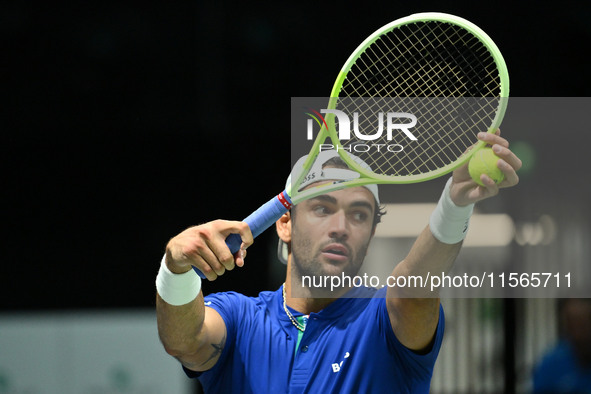 Matteo Berrettini (ITA) is in action during the 2024 Davis Cup Finals Group Stage Bologna match between Italy and Brazil at Unipol Arena in...