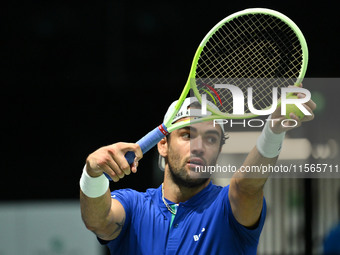 Matteo Berrettini (ITA) is in action during the 2024 Davis Cup Finals Group Stage Bologna match between Italy and Brazil at Unipol Arena in...