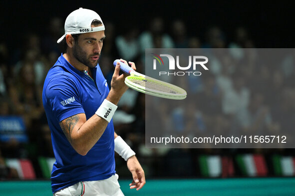 Matteo Berrettini (ITA) is in action during the 2024 Davis Cup Finals Group Stage Bologna match between Italy and Brazil at Unipol Arena in...