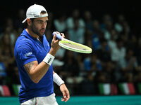 Matteo Berrettini (ITA) is in action during the 2024 Davis Cup Finals Group Stage Bologna match between Italy and Brazil at Unipol Arena in...