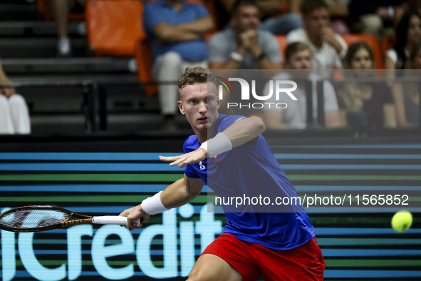 Jiri Lehecka during the Davis Cup match between Czechia and Spain in City, Country, on September 11, 2023. 