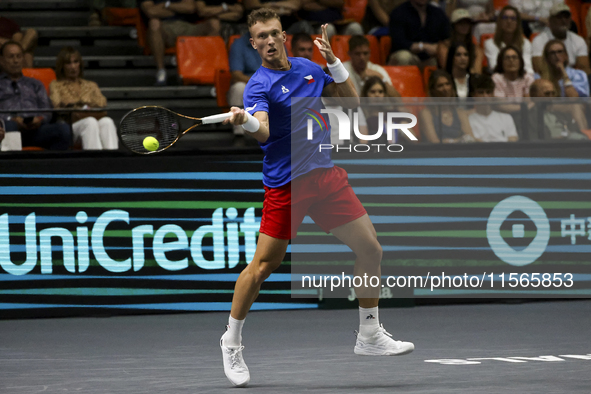 Jiri Lehecka during the Davis Cup match between Czechia and Spain in City, Country, on September 11, 2023. 