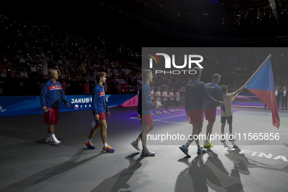 The Czechia team stands before the Davis Cup match between Czechia and Spain in Czechia on September 11, 2023. 