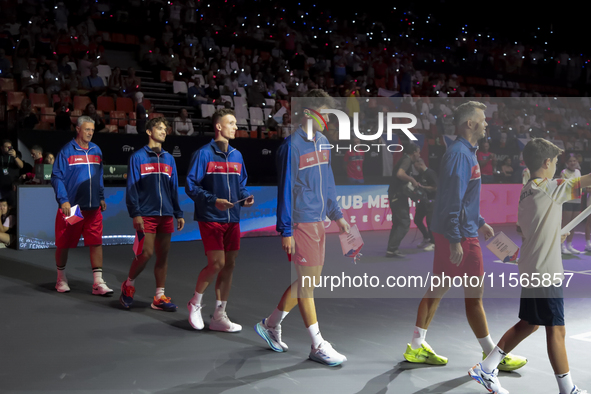 The Czechia team stands before the Davis Cup match between Czechia and Spain in Czechia on September 11, 2023. 