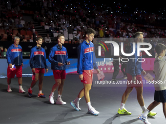 The Czechia team stands before the Davis Cup match between Czechia and Spain in Czechia on September 11, 2023. (