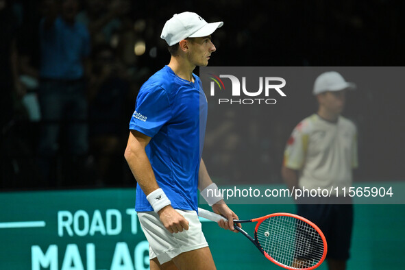 Matteo Arnaldi (ITA) competes during the 2024 Davis Cup Finals Group Stage match between Italy and Brazil at Unipol Arena in Bologna, Italy,...