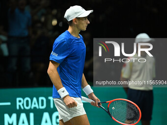 Matteo Arnaldi (ITA) competes during the 2024 Davis Cup Finals Group Stage match between Italy and Brazil at Unipol Arena in Bologna, Italy,...