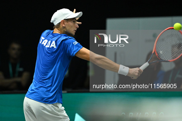 Matteo Arnaldi (ITA) competes during the 2024 Davis Cup Finals Group Stage match between Italy and Brazil at Unipol Arena in Bologna, Italy,...