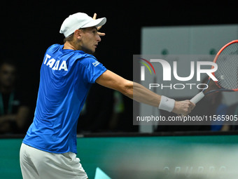 Matteo Arnaldi (ITA) competes during the 2024 Davis Cup Finals Group Stage match between Italy and Brazil at Unipol Arena in Bologna, Italy,...