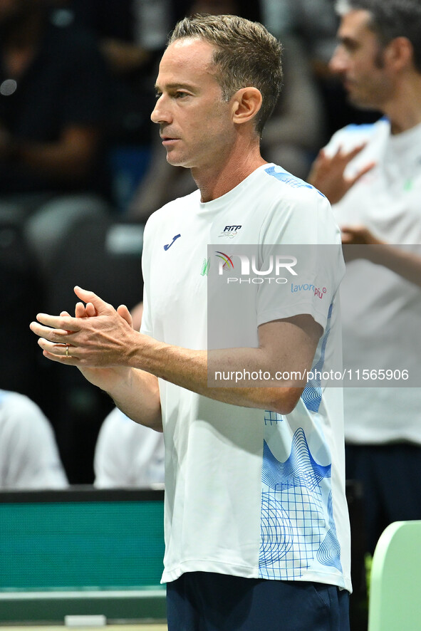 Filippo Volandri coaches Italy during the 2024 Davis Cup Finals Group Stage match between Italy and Brazil at Unipol Arena in Bologna, Italy...