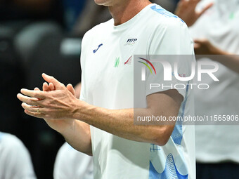 Filippo Volandri coaches Italy during the 2024 Davis Cup Finals Group Stage match between Italy and Brazil at Unipol Arena in Bologna, Italy...