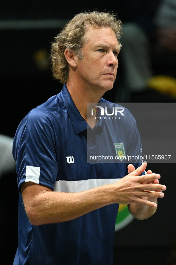 Jaime Oncins, coach of Brazil, is in action during the 2024 Davis Cup Finals Group Stage Bologna match between Italy and Brazil at Unipol Ar...