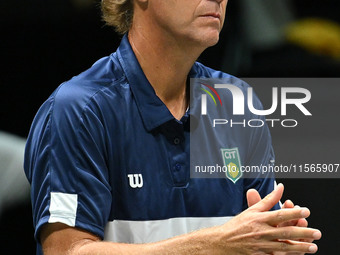 Jaime Oncins, coach of Brazil, is in action during the 2024 Davis Cup Finals Group Stage Bologna match between Italy and Brazil at Unipol Ar...