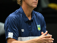 Jaime Oncins, coach of Brazil, is in action during the 2024 Davis Cup Finals Group Stage Bologna match between Italy and Brazil at Unipol Ar...