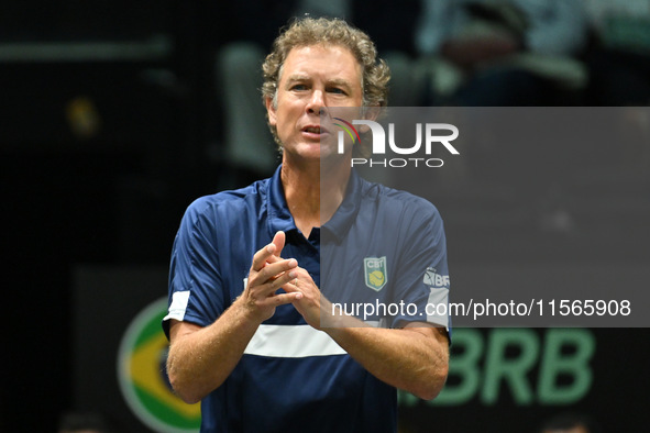 Jaime Oncins, coach of Brazil, is in action during the 2024 Davis Cup Finals Group Stage Bologna match between Italy and Brazil at Unipol Ar...