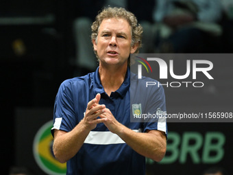 Jaime Oncins, coach of Brazil, is in action during the 2024 Davis Cup Finals Group Stage Bologna match between Italy and Brazil at Unipol Ar...