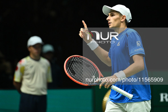 Matteo Arnaldi (ITA) competes during the 2024 Davis Cup Finals Group Stage match between Italy and Brazil at Unipol Arena in Bologna, Italy,...