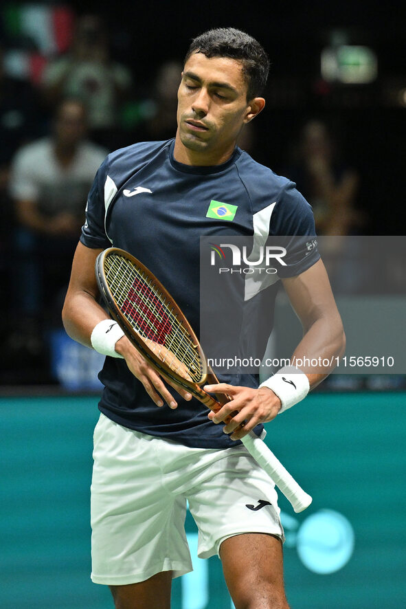 Thiago Monteiro (BRA) competes during the 2024 Davis Cup Finals Group Stage match between Italy and Brazil at Unipol Arena in Bologna, Italy...