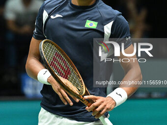 Thiago Monteiro (BRA) competes during the 2024 Davis Cup Finals Group Stage match between Italy and Brazil at Unipol Arena in Bologna, Italy...