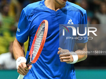 Matteo Arnaldi (ITA) competes during the 2024 Davis Cup Finals Group Stage match between Italy and Brazil at Unipol Arena in Bologna, Italy,...