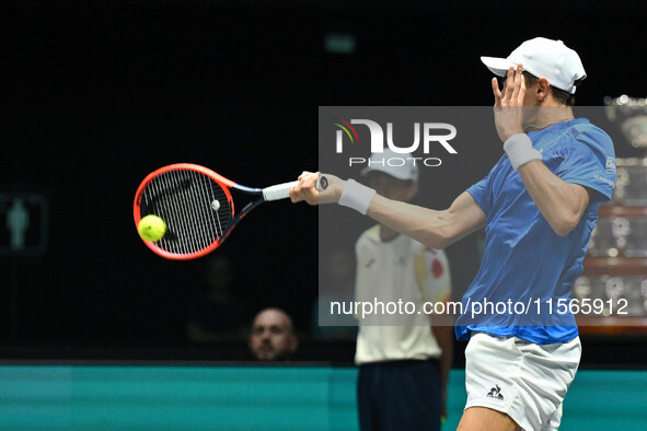 Matteo Arnaldi (ITA) competes during the 2024 Davis Cup Finals Group Stage match between Italy and Brazil at Unipol Arena in Bologna, Italy,...