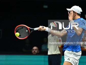 Matteo Arnaldi (ITA) competes during the 2024 Davis Cup Finals Group Stage match between Italy and Brazil at Unipol Arena in Bologna, Italy,...