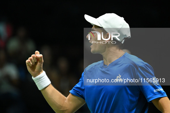 Matteo Arnaldi (ITA) competes during the 2024 Davis Cup Finals Group Stage match between Italy and Brazil at Unipol Arena in Bologna, Italy,...