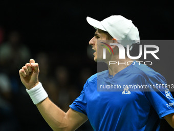 Matteo Arnaldi (ITA) competes during the 2024 Davis Cup Finals Group Stage match between Italy and Brazil at Unipol Arena in Bologna, Italy,...