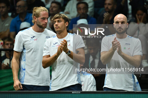 Flavio Cobolli participates in the 2024 Davis Cup Finals Group Stage match between Italy and Brazil at Unipol Arena in Bologna, Italy, on Se...