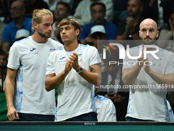 Flavio Cobolli participates in the 2024 Davis Cup Finals Group Stage match between Italy and Brazil at Unipol Arena in Bologna, Italy, on Se...