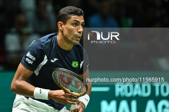 Thiago Monteiro (BRA) competes during the 2024 Davis Cup Finals Group Stage match between Italy and Brazil at Unipol Arena in Bologna, Italy...