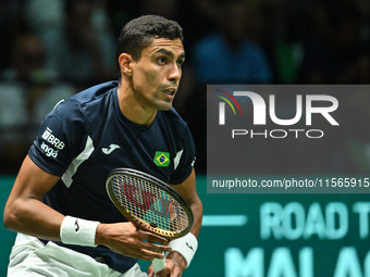 Thiago Monteiro (BRA) competes during the 2024 Davis Cup Finals Group Stage match between Italy and Brazil at Unipol Arena in Bologna, Italy...