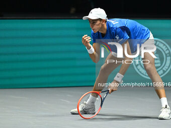 Matteo Arnaldi (ITA) competes during the 2024 Davis Cup Finals Group Stage match between Italy and Brazil at Unipol Arena in Bologna, Italy,...