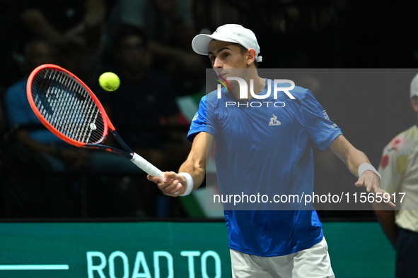 Matteo Arnaldi (ITA) competes during the 2024 Davis Cup Finals Group Stage match between Italy and Brazil at Unipol Arena in Bologna, Italy,...