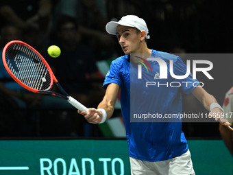 Matteo Arnaldi (ITA) competes during the 2024 Davis Cup Finals Group Stage match between Italy and Brazil at Unipol Arena in Bologna, Italy,...