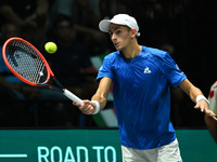 Matteo Arnaldi (ITA) competes during the 2024 Davis Cup Finals Group Stage match between Italy and Brazil at Unipol Arena in Bologna, Italy,...