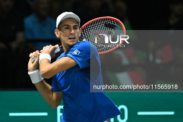 Matteo Arnaldi (ITA) competes during the 2024 Davis Cup Finals Group Stage match between Italy and Brazil at Unipol Arena in Bologna, Italy,...