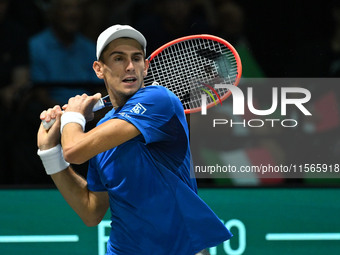 Matteo Arnaldi (ITA) competes during the 2024 Davis Cup Finals Group Stage match between Italy and Brazil at Unipol Arena in Bologna, Italy,...