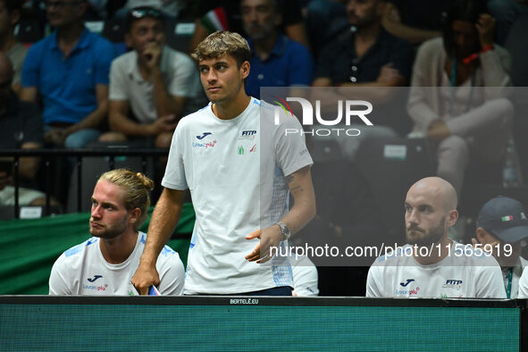 Flavio Cobolli participates in the 2024 Davis Cup Finals Group Stage match between Italy and Brazil at Unipol Arena in Bologna, Italy, on Se...