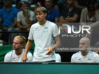 Flavio Cobolli participates in the 2024 Davis Cup Finals Group Stage match between Italy and Brazil at Unipol Arena in Bologna, Italy, on Se...