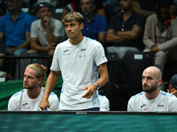 Flavio Cobolli participates in the 2024 Davis Cup Finals Group Stage match between Italy and Brazil at Unipol Arena in Bologna, Italy, on Se...