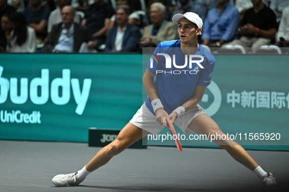 Matteo Arnaldi (ITA) competes during the 2024 Davis Cup Finals Group Stage match between Italy and Brazil at Unipol Arena in Bologna, Italy,...