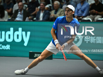 Matteo Arnaldi (ITA) competes during the 2024 Davis Cup Finals Group Stage match between Italy and Brazil at Unipol Arena in Bologna, Italy,...