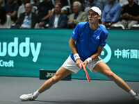 Matteo Arnaldi (ITA) competes during the 2024 Davis Cup Finals Group Stage match between Italy and Brazil at Unipol Arena in Bologna, Italy,...