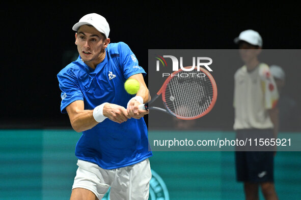 Matteo Arnaldi (ITA) competes during the 2024 Davis Cup Finals Group Stage match between Italy and Brazil at Unipol Arena in Bologna, Italy,...