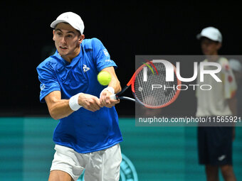 Matteo Arnaldi (ITA) competes during the 2024 Davis Cup Finals Group Stage match between Italy and Brazil at Unipol Arena in Bologna, Italy,...