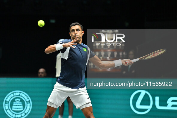 Thiago Monteiro (BRA) competes during the 2024 Davis Cup Finals Group Stage match between Italy and Brazil at Unipol Arena in Bologna, Italy...